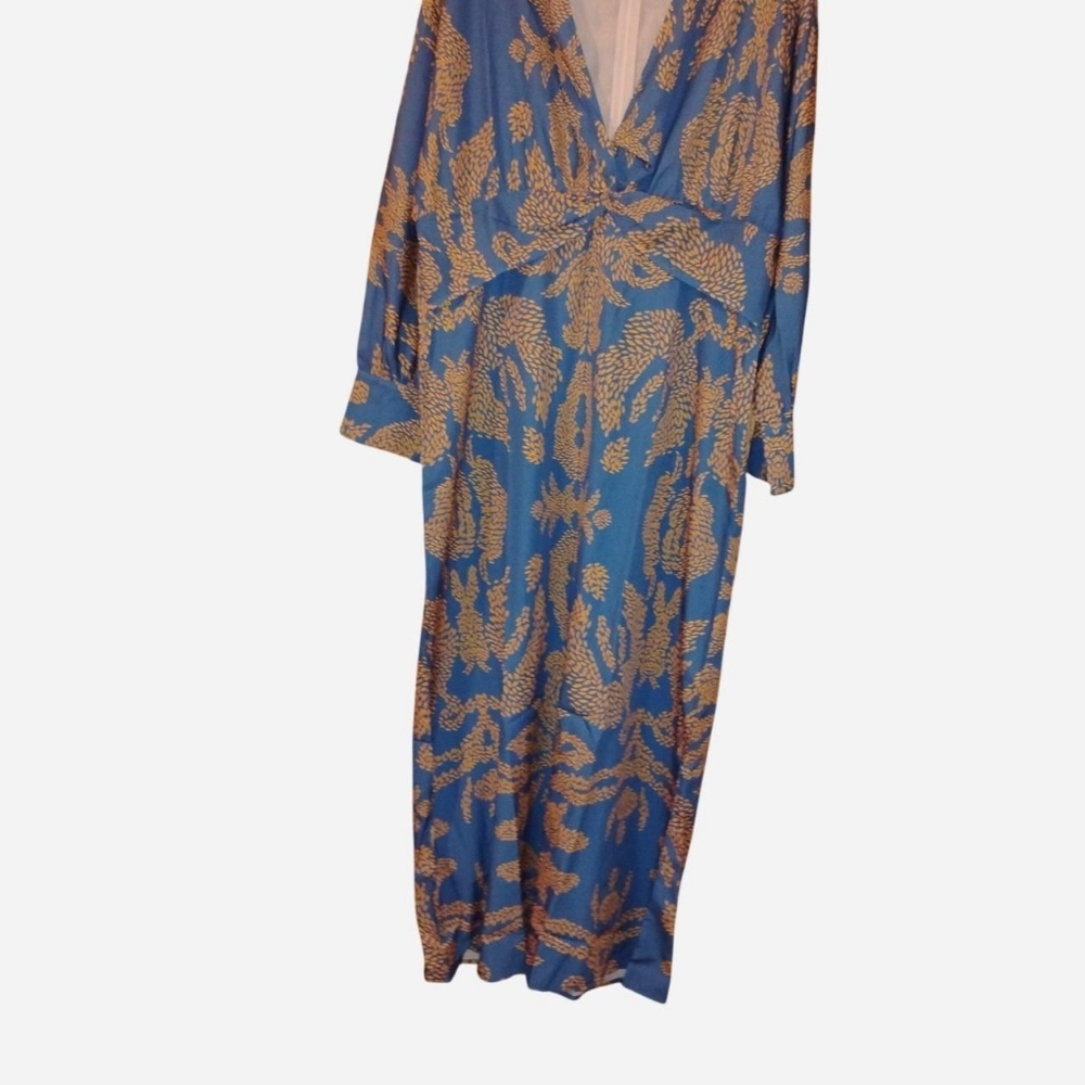 Blue Yellow Patterned V-Neck Maxi Dress with Twist Detail NWT_ Women's XXL